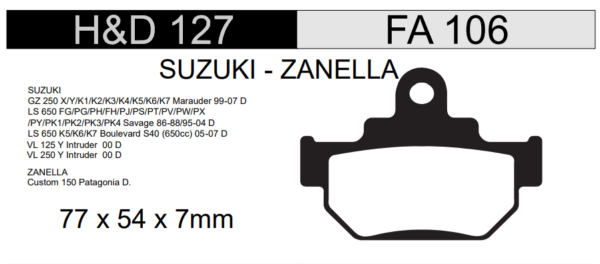 PASTILLA FRENO SUZUKI 125CC VL/ INTRUDER/ GZ 250 X/Y/K1/ PATAGONIA HD127