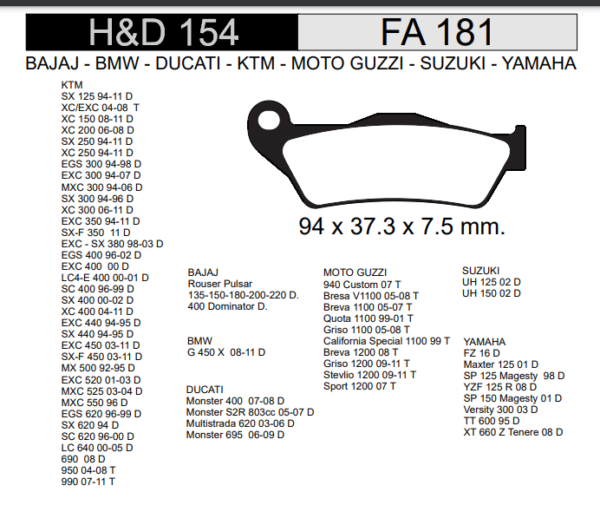 PASTILLA FRENO YAMAHA 160CC FZ/ BAJAJ 135CC ROUSER/ 200CC NS DEL. HD154