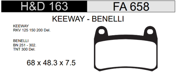 PASTILLA FRENO KEEWAY 125CC/ 150CCC/ 200CC RKV/ BENELLI 251CC/ 302CC BN DEL. HD163