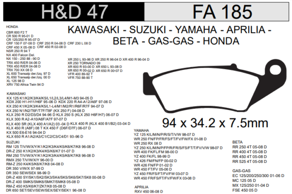PASTILLA FRENO HONDA 125CC/ 150CC XR/ 250CC TORNADO/ 400CC FALCON DEL. HD47