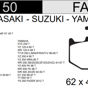 PASTILLA FRENO YAMAHA 250CC YBR/ XTZ/ FZ TRAS. HD50
