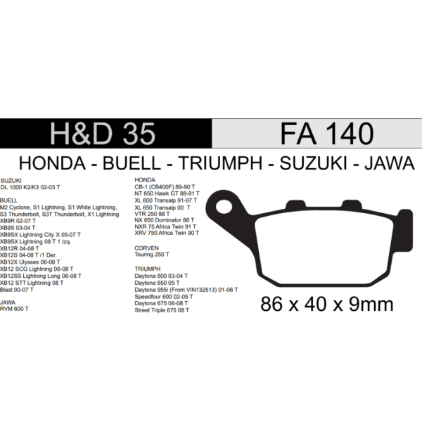 PASTILLA DE FRENO TRASERA HONDA H&D 35 600CC HWK - CBR 600 F1 - CBR 600 F2  HD35